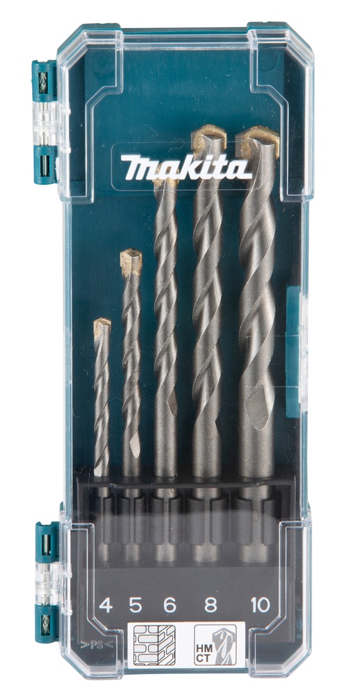 Makita D-72877 - Set di 5 punte per trapano TCT in carburo di tungsteno (4, 5, 6, 8 e 10 mm) con gambo dritto e custodia in plastica