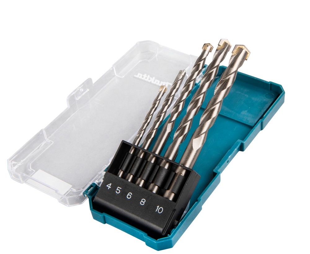 Makita D-72877 - Set di 5 punte per trapano TCT in carburo di tungsteno (4, 5, 6, 8 e 10 mm) con gambo dritto e custodia in plastica