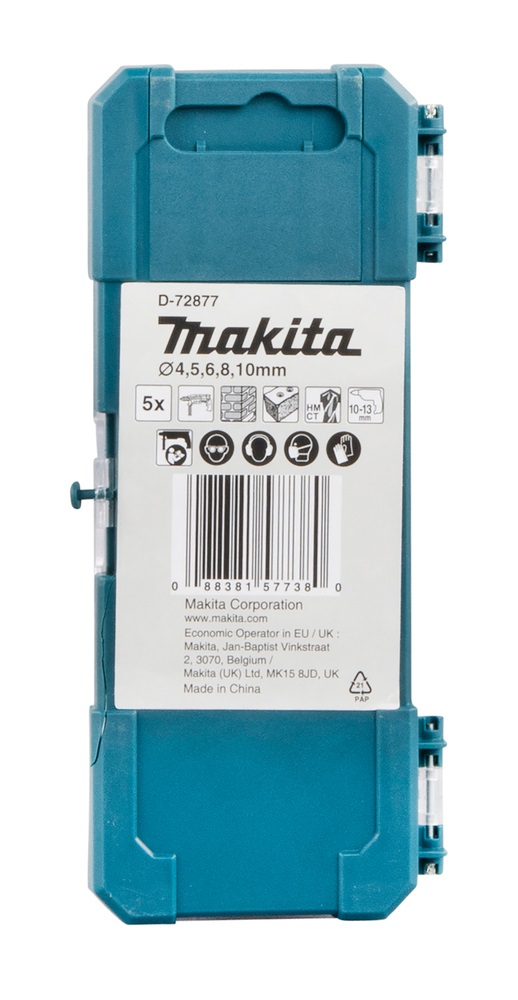 Makita D-72877 - Set di 5 punte per trapano TCT in carburo di tungsteno (4, 5, 6, 8 e 10 mm) con gambo dritto e custodia in plastica