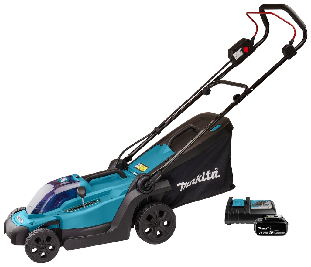 Makita DLM330RT Tagliaerba a Batteria 18V, Larghezza di Taglio 33 cm, Superficie Massima 450 m², Include Batteria 5,0 Ah e Caricabatterie