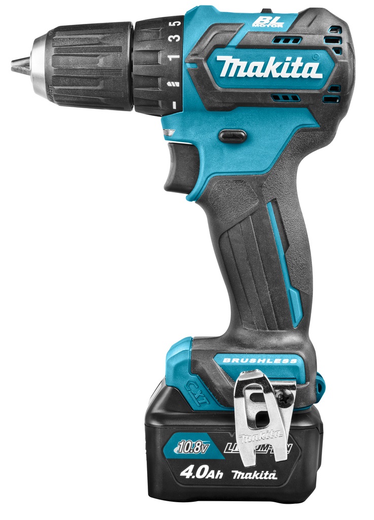 Makita DF332DSMJ Trapano Avvitatore 12V CXT Li-Ion 4Ah con 2 Batterie e Caricabatterie, Motore Senza Carbonio, Nero e Blu