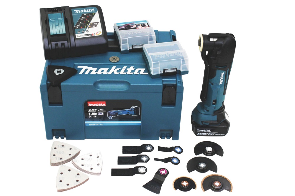 Makita DTM51RT1J3 Multi-Strumento Oscillante a Batteria 18V, 340W, Velocità Regolabile 6000-20000 OPM, Include Scatola con 41 Pezzi