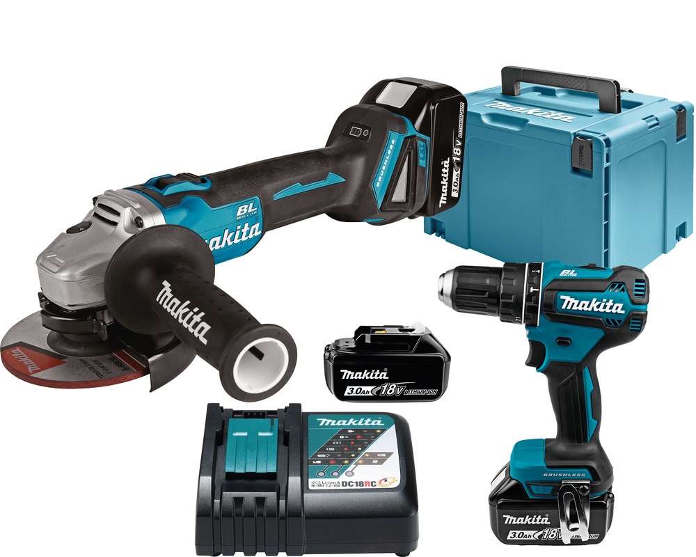 Makita DLX2334J - Kit combinato 18 V con DHP485, DGA504, 3 batterie da 3,0 Ah, caricabatterie DC18RC e valigetta MAKPAC 4