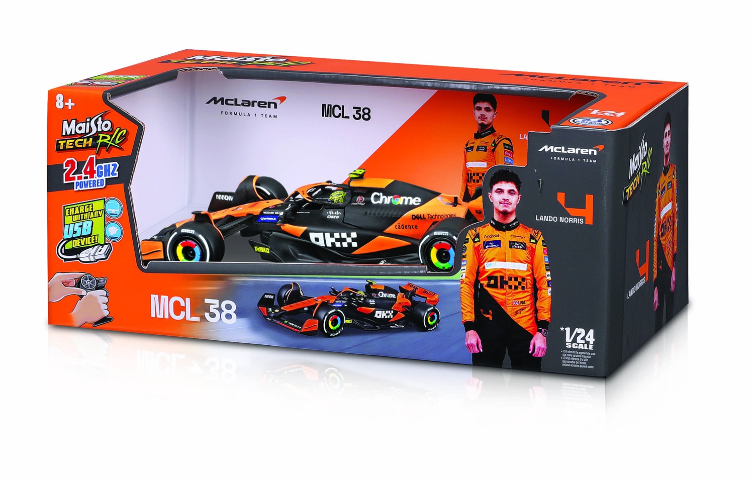 BBURAGO F1 McLaren MCL38 Radiocomandata 1:24 - 7 Funzioni, Sterzo Proporzionale, Licenza Ufficiale Lando Norris