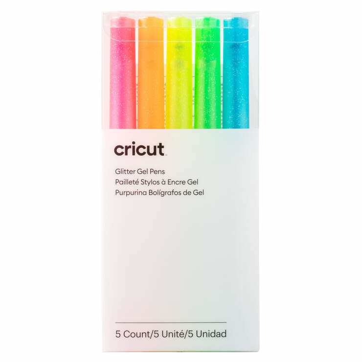 Cricut Penna Gel Glitter Neon 0,8 mm - Set da 5 Pezzi in Rosa, Arancione, Giallo, Verde e Blu Fluo