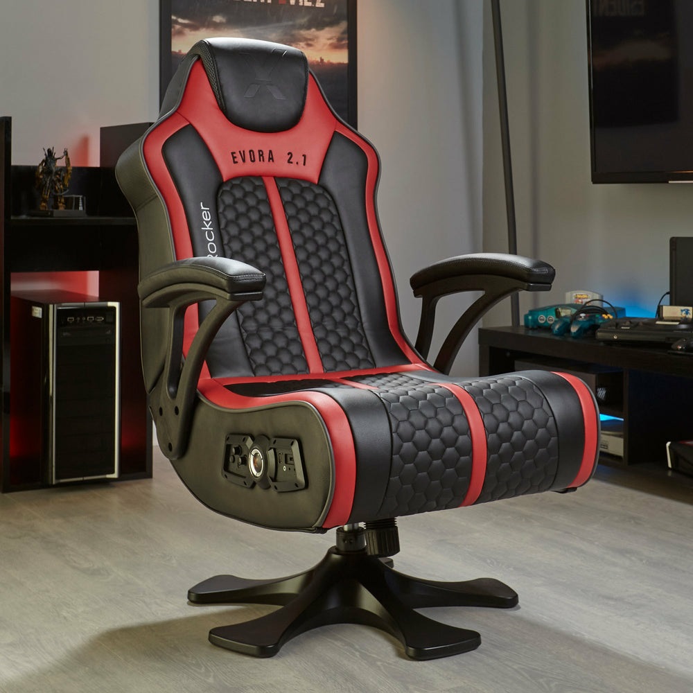 X Rocker Evora 2.1 - Sedia Gaming Ergonomica con Altoparlanti e Subwoofer, Nero/Rosso