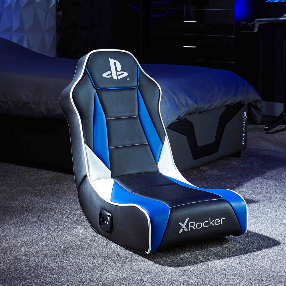 XROCKER Sedia da gioco Geist 2.0 - Compatibile con PS4/PS5, Seduta Pieghevole con Altoparlanti, Max 80kg, Pelle PU, Blu/Nero