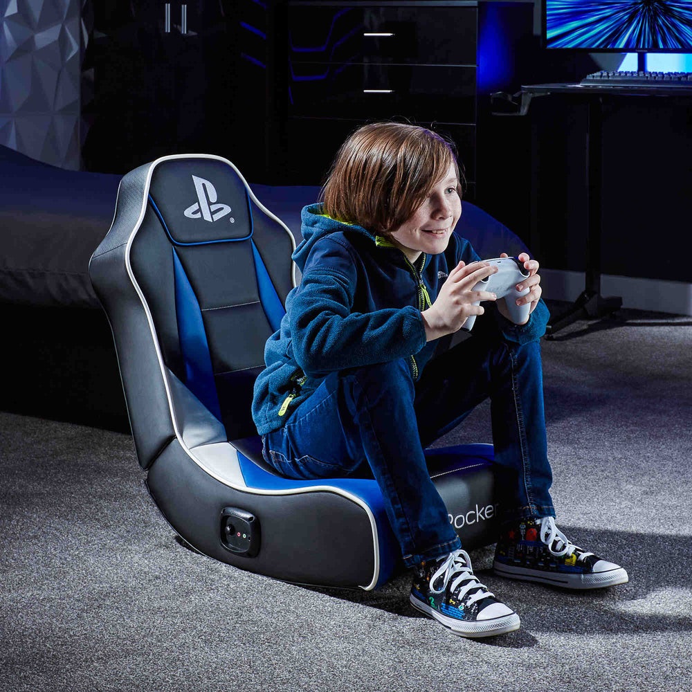 XROCKER Sedia da gioco Geist 2.0 - Compatibile con PS4/PS5, Seduta Pieghevole con Altoparlanti, Max 80kg, Pelle PU, Blu/Nero