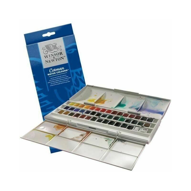 Winsor & Newton Cotman Set di Acquerelli da Studio - 45 Mezzi Godet con Tavolozza e Pennello