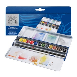 Winsor & Newton Acquerello Tascabile Cotman 12 Mezzi Godet Assortiti in Scatola di Metallo