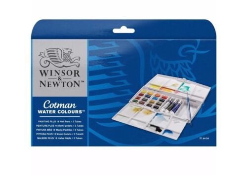 Winsor & Newton Cotman Painting Plus Set di Acquerelli - 19 pz (16 Mezzi Godet 3 Tubetti da 8 ml Pennello)