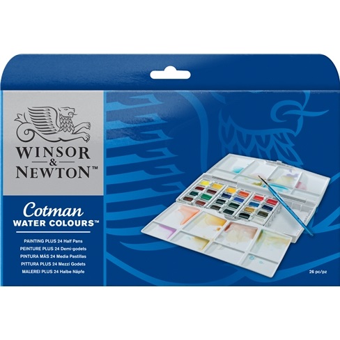 Winsor & Newton Cotman Acquerello 24 Mezzi Godet Pennello Cotman n° 3 - Ottima Trasparenza e Potere Colorante