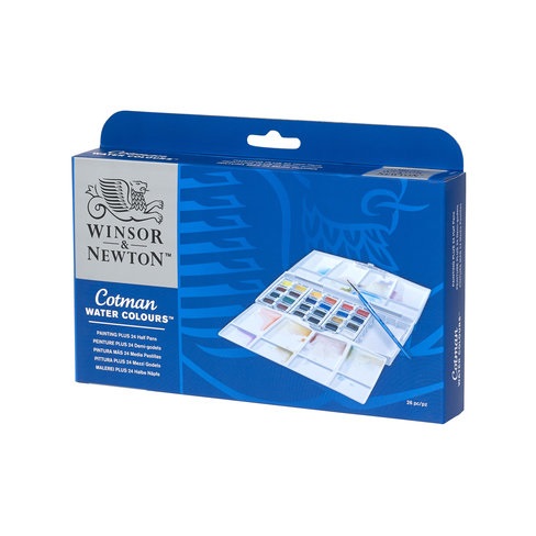 Winsor & Newton Cotman Acquerello 24 Mezzi Godet Pennello Cotman n° 3 - Ottima Trasparenza e Potere Colorante