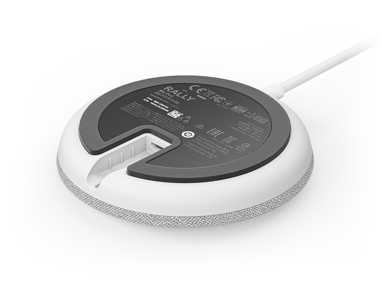 Logitech Rally Mic Pod Bianco - Microfono da tavolo Omnidirezionale, -27 dB, 90-16000 Hz, Cavo 4,5 m, Certificato Skype e Zoom