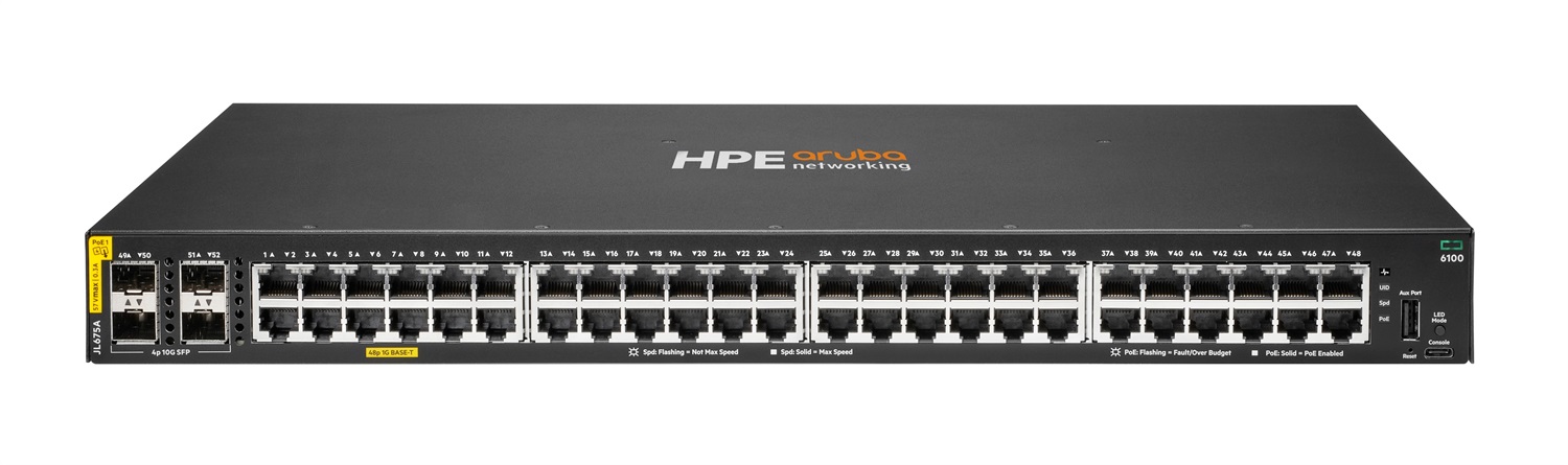 HPE Aruba Networking Aruba 6100 48G Class4 PoE 4SFP Switch 370W Gestito L3 Gigabit Ethernet (10/100/1000) Power over Ethernet (PoE) 1U Nero
