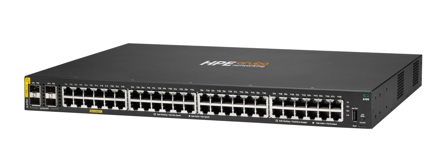 HPE Aruba Networking Aruba 6100 48G Class4 PoE 4SFP Switch 370W Gestito L3 Gigabit Ethernet (10/100/1000) Power over Ethernet (PoE) 1U Nero
