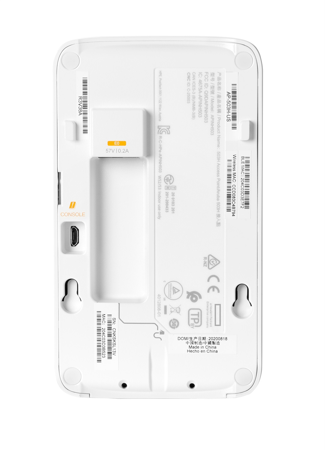HPE Aruba AP-503H (RW) Unified Hospitality Wireless Access Point Wi-Fi 6, 1487 Mbit/s, Supporto Power over Ethernet (PoE), 2.4 GHz e 5 GHz