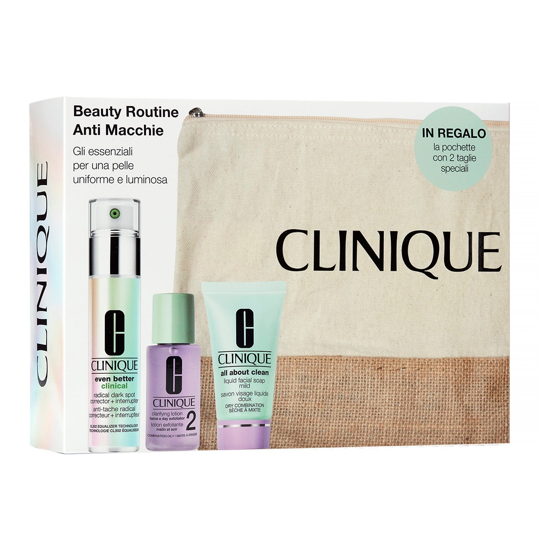 Clinique Cofanetto Beauty Routine Anti Macchie - Siero Viso Antimacchie, Lozione Esfoliante e Sapone Viso