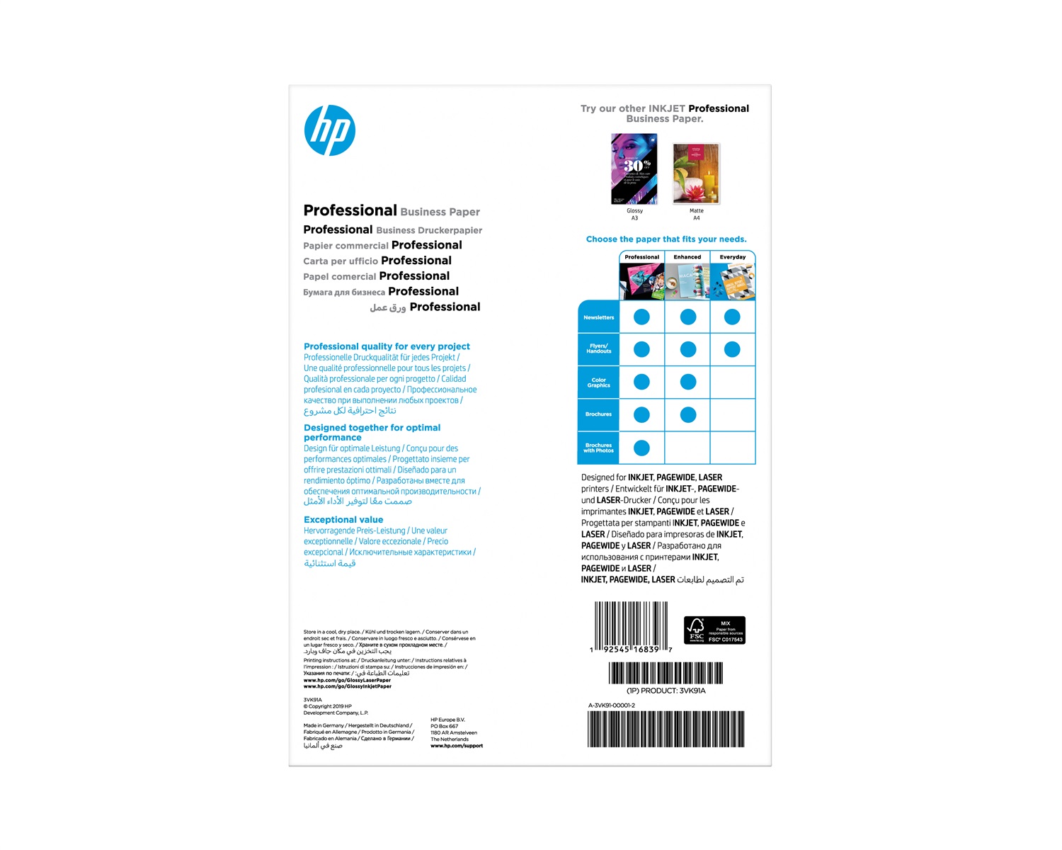 HP Carta Professionale Lucida, 180 g/m², A4 (210 x 297 mm), Confezione da 150 Fogli, Certificata FSC®