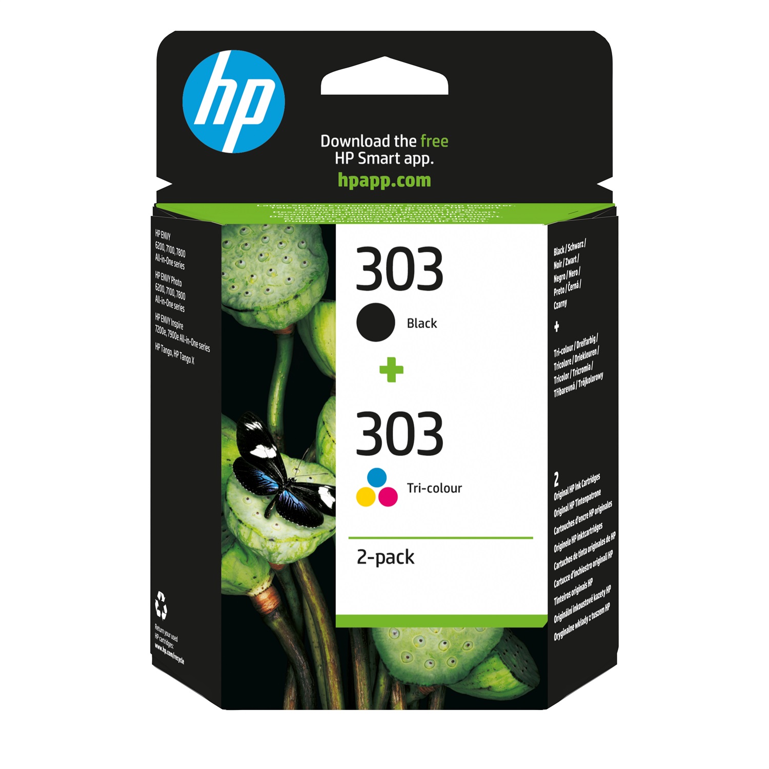 HP Confezione da 2 cartucce di inchiostro nero e tricromia originali 303 - Resa standard, Inchiostro a base di pigmento e colorato, Compatibile con HP TANGO e ENVY