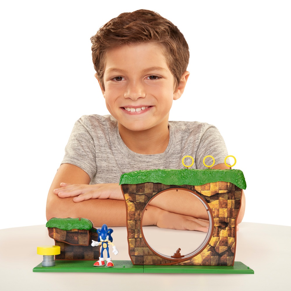 Jakks Pacific Sonic Playset La Colina Verde (Green Hill Zone) - Include Personaggio Sonic, Pulsante Interattivo, Adatto dai 3 Anni
