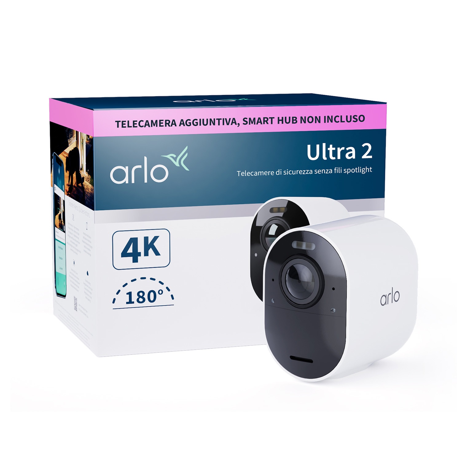 Arlo Ultra 2 Telecamera di Sorveglianza Esterni 4K UHD Wireless con Visione Notturna a Colori, Sensore di Movimento e Sirena Allarme - Telecamera Aggiuntiva Bianca