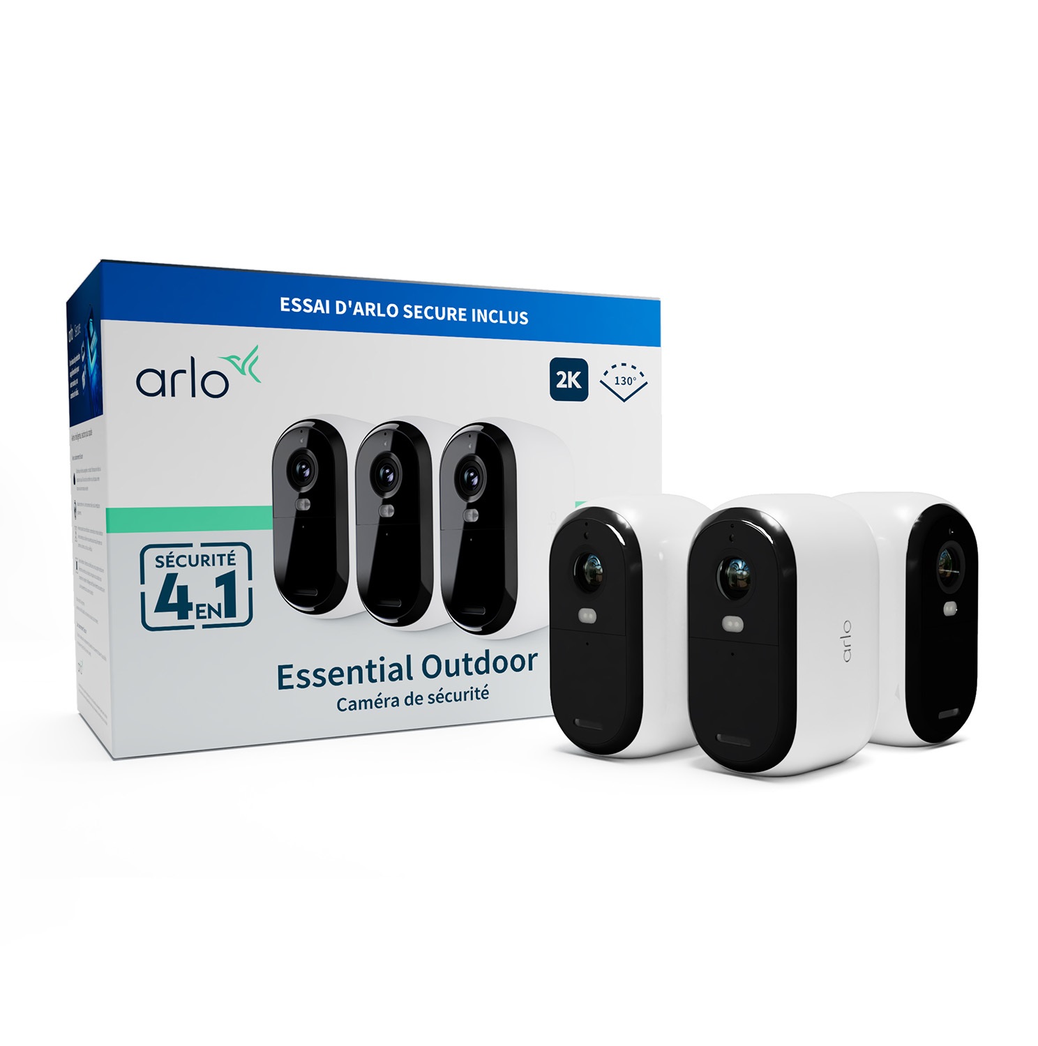 Arlo Essential Telecamera di Sicurezza IP 2K per Esterni e Interni, Wireless, Pacco da 3, Nero/Bianco