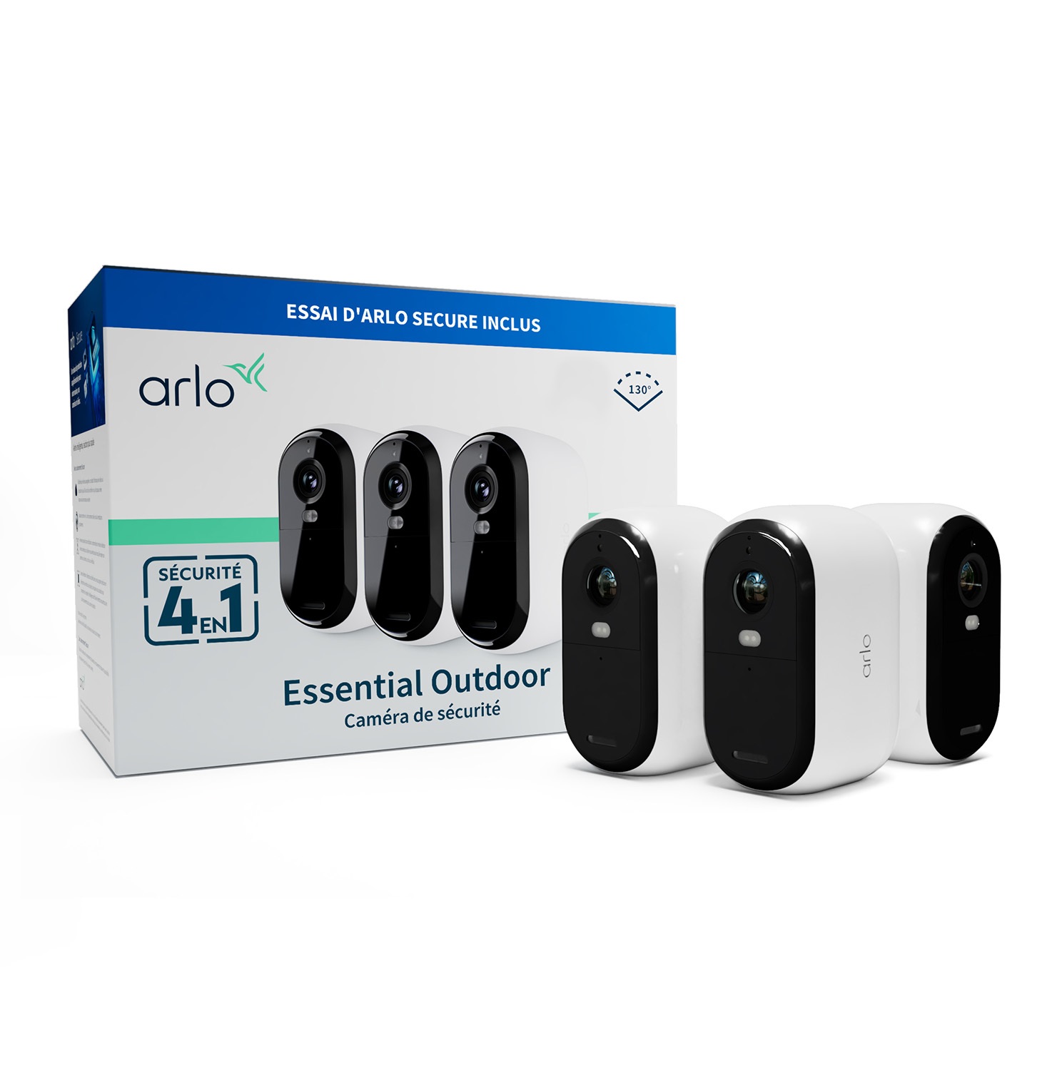 Arlo Essential 2 Telecamera WiFi Esterno e Interno - HD, Sirena Allarme, Sensore di Movimento, Visione Notturna a Colori, 3 Telecamere Bianche