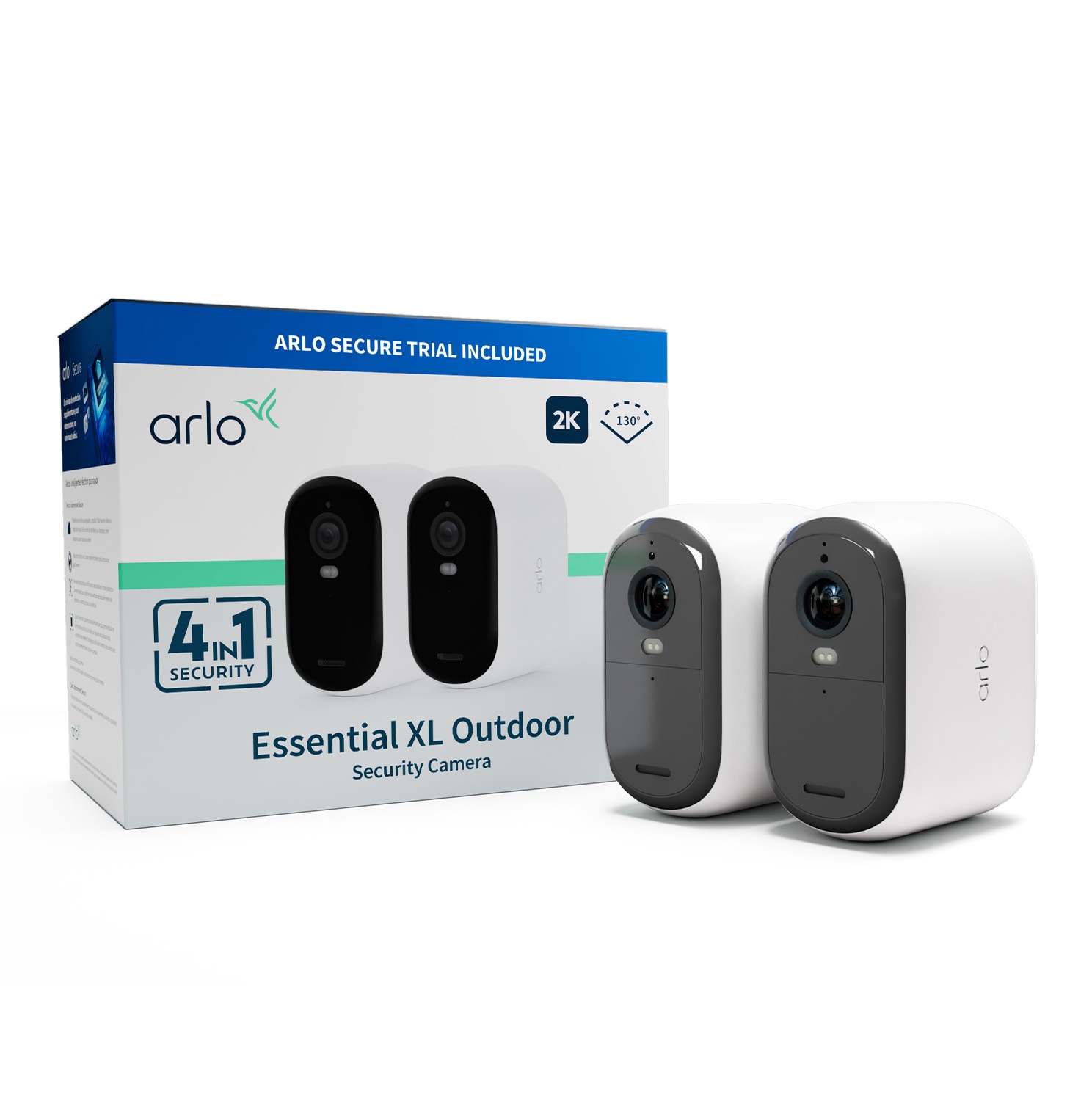 Arlo Essential 2 XL Telecamera di Sicurezza WiFi Esterno 2K - Pacco da 2 con Visione Notturna a Colori, Sensore di Movimento e Sirena di Allarme