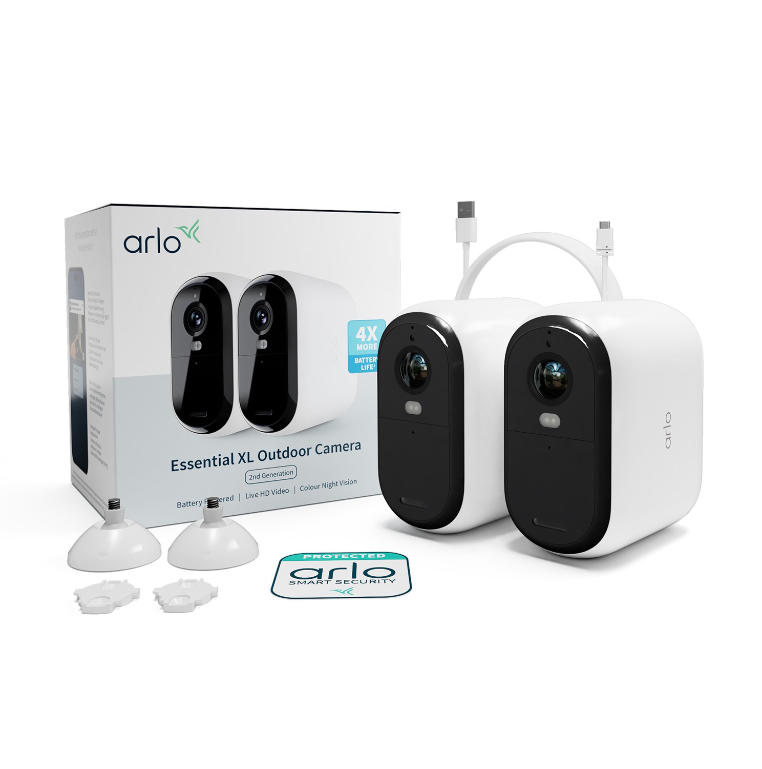 Arlo Essential Telecamera di sorveglianza per esterni XL, set da 2, Wireless, FHD, Batteria 24 mesi, Visione notturna a colori