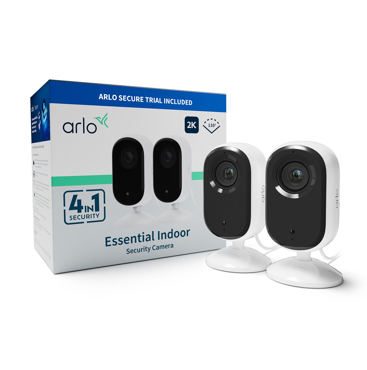 Arlo Essential 2 Telecamera di Sorveglianza 2K Indoor, Wireless, con Sirena Allarme, Sensore di Movimento, Visione Notturna e Copriobiettivo Automatico, Pacco da 2 Telecamere, Bianco