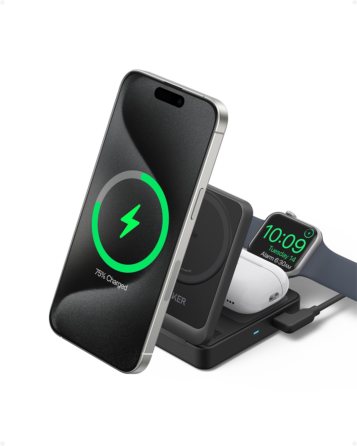 Anker B2557311 Caricabatterie Wireless 3-in-1 15W con MagSafe, Certificato Qi2, per Cuffie, Smartphone e Orologi Intelligenti - Nero