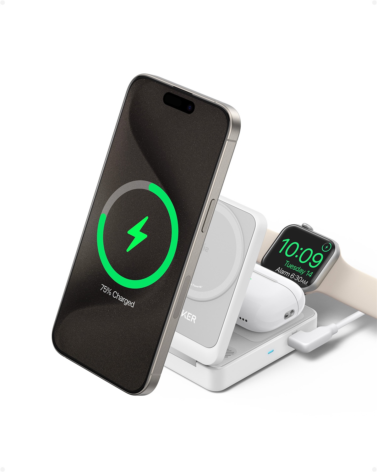 Anker B2557321 Caricabatterie Wireless 3-in-1 con MagSafe, Ricarica Rapida 15W, Certificato Qi2, per iPhone 15/14/13/12, AirPods Pro, Apple Watch - Bianco