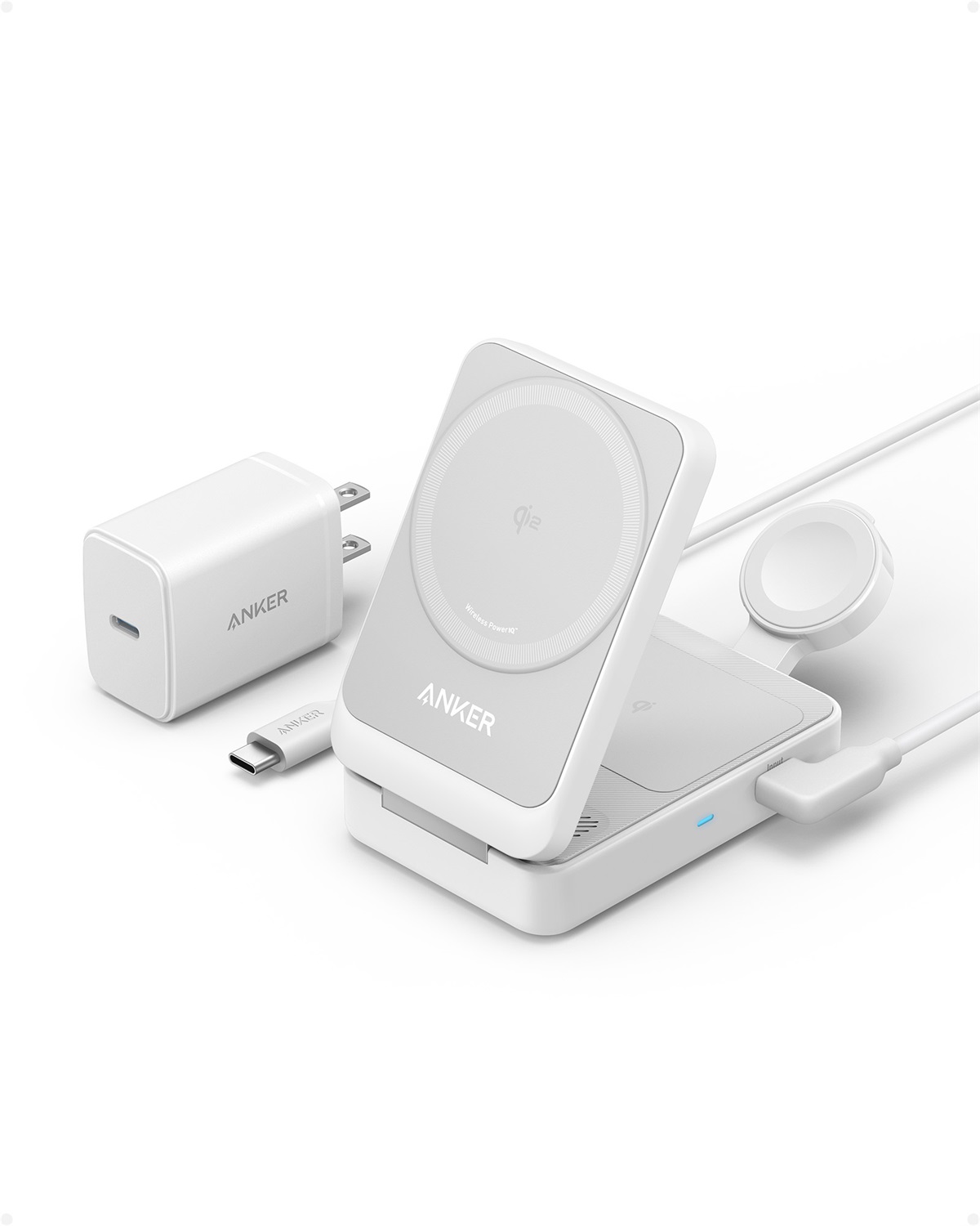 Anker B2557321 Caricabatterie Wireless 3-in-1 con MagSafe, Ricarica Rapida 15W, Certificato Qi2, per iPhone 15/14/13/12, AirPods Pro, Apple Watch - Bianco