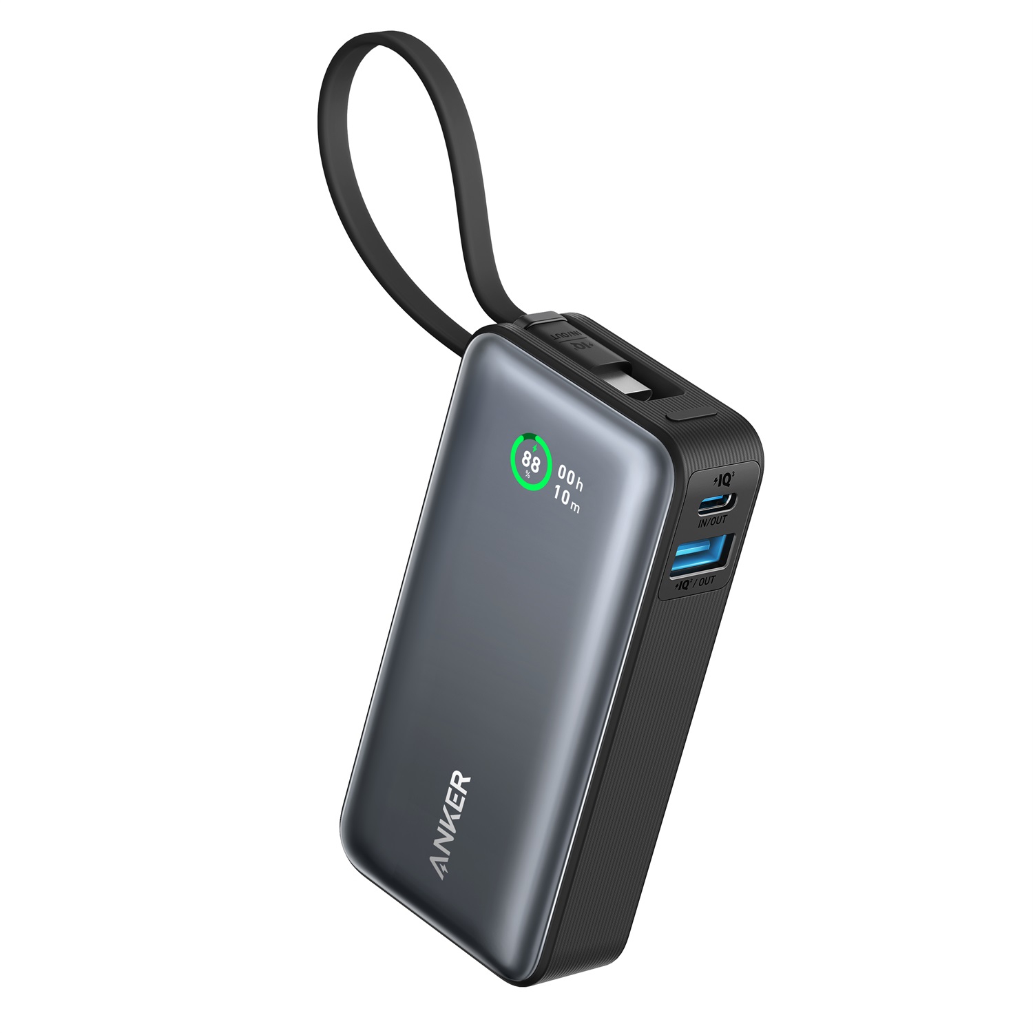 Anker A1259G11 Batteria Portatile Litio 10000 mAh con Cavo USB-C Integrato e Ricarica 30W - Nero