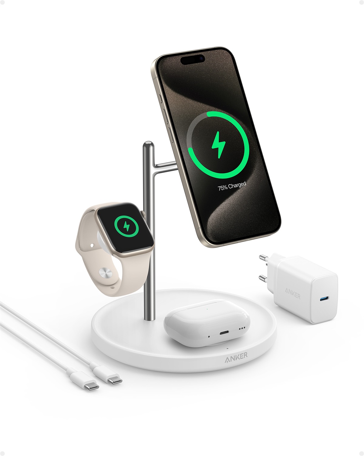 Anker MagGo Caricabatterie Wireless 15W Bianco con Ricarica Rapida e Compatibilità Qi2 e MagSafe