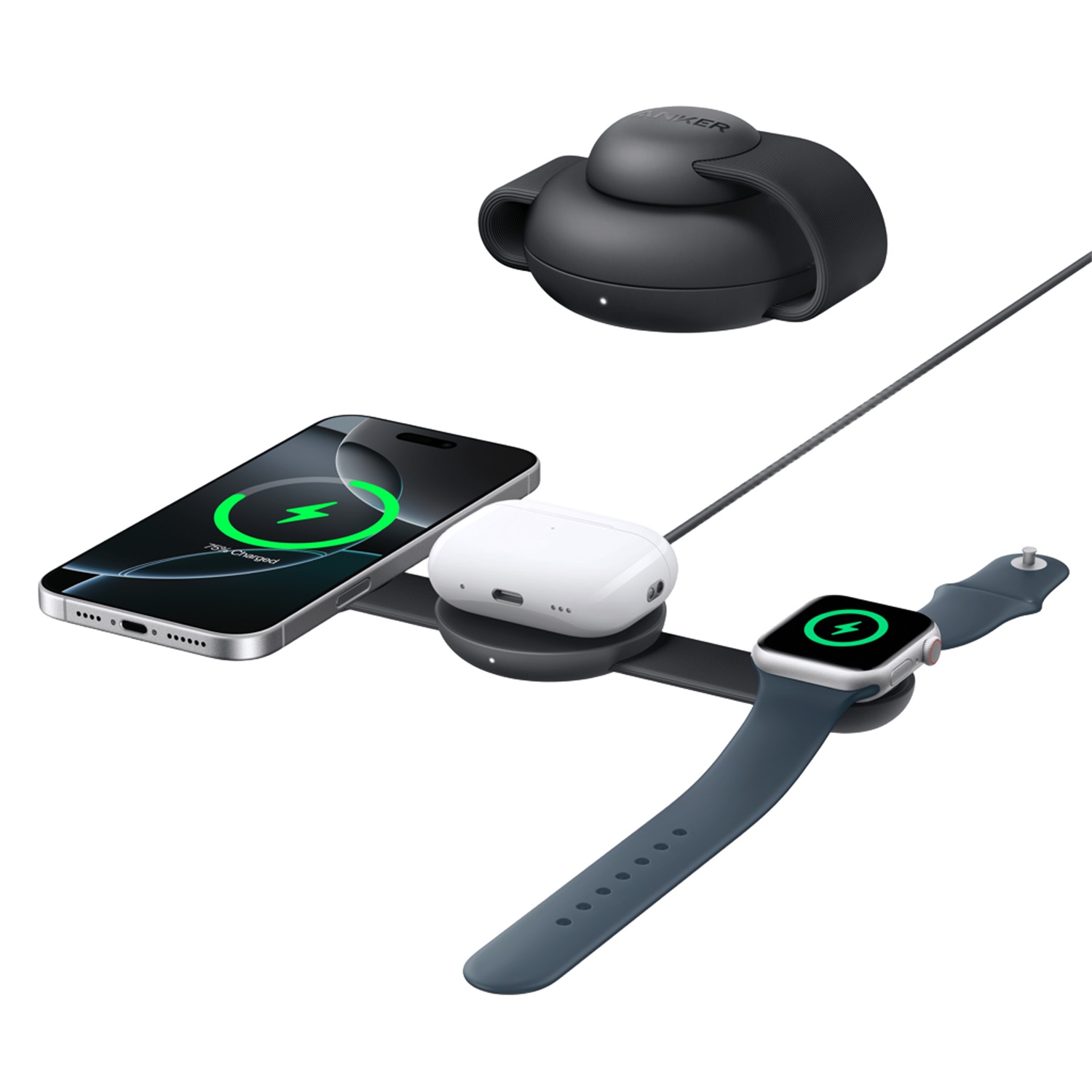 Anker MagGo 3-in-1 Stazione di Ricarica Wireless 15W, Compatibile con MagSafe, Pieghevole e Portatile per iPhone 16/15/14/13, Apple Watch e AirPods