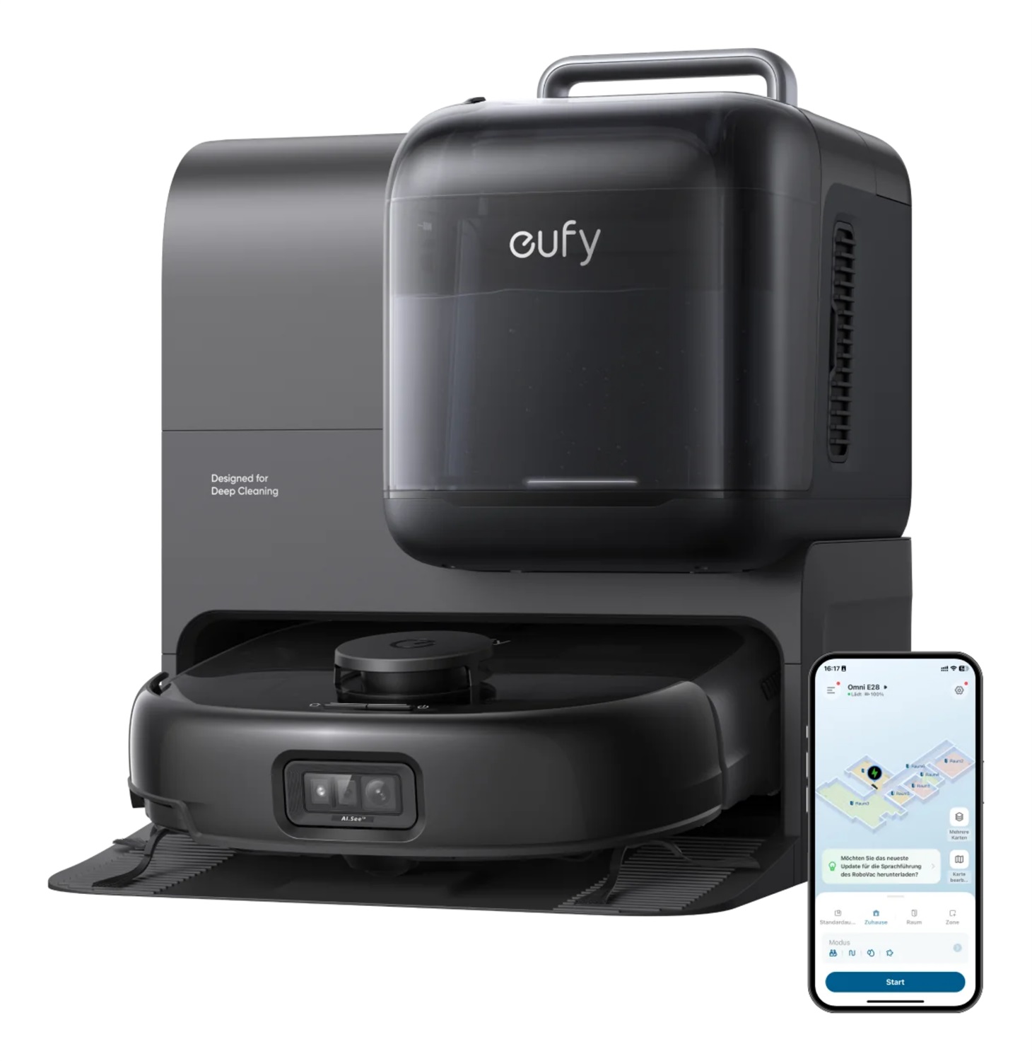 Eufy Omni E28 - Robot Aspirapolvere Nero, 3 L, Aspirazione Turbo 20.000Pa, Sistema HydroJet, Spazzole DuoSpiral