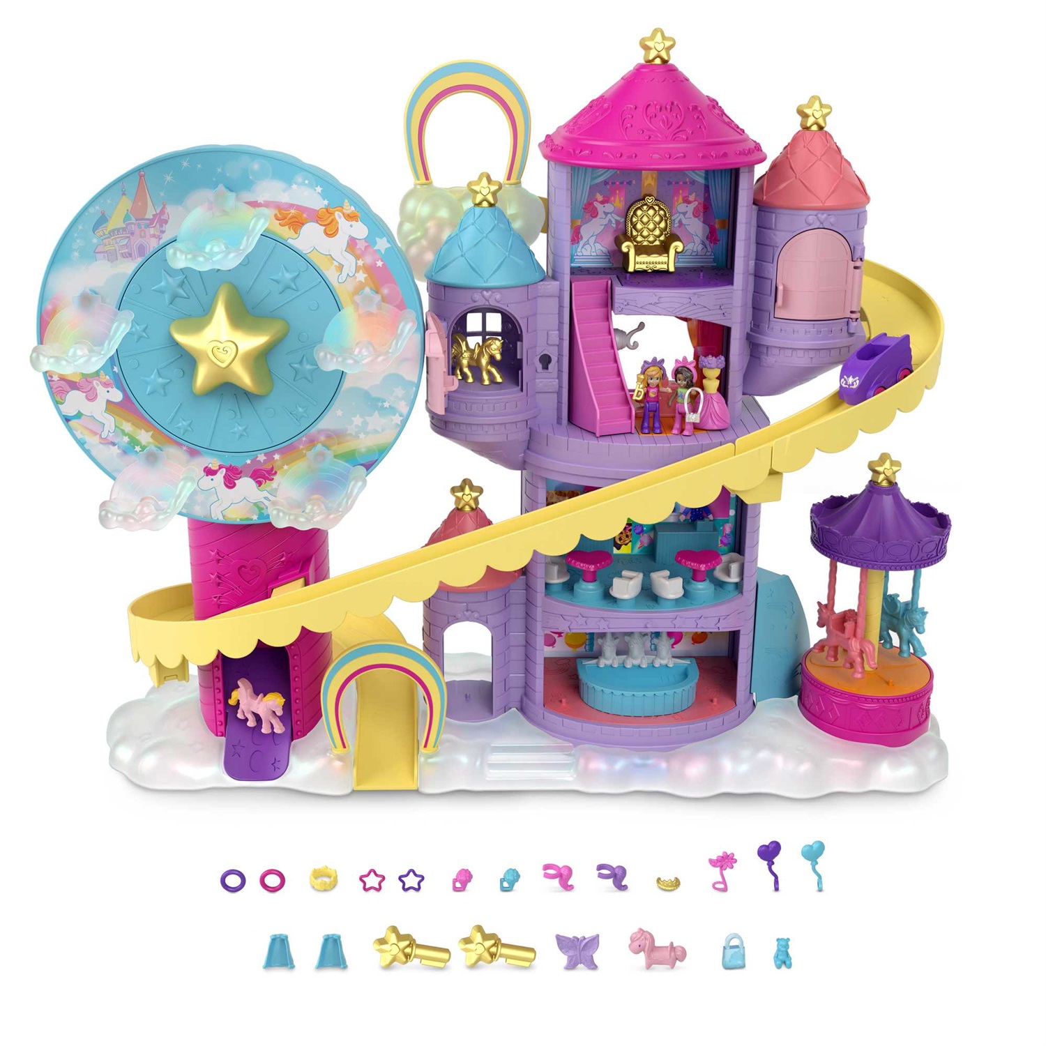 Polly Pocket HBT13 - Playset Lunapark dell'Arcobaleno con Micro Bambole Polly e Shani, 2 Unicorni, 30 Pezzi e Accessori a Sorpresa, Giocattolo per Bambini 4 Anni
