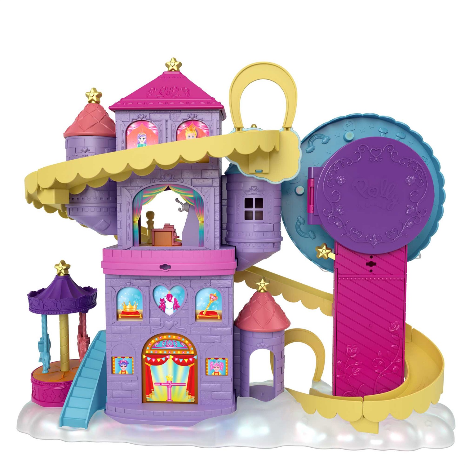 Polly Pocket HBT13 - Playset Lunapark dell'Arcobaleno con Micro Bambole Polly e Shani, 2 Unicorni, 30 Pezzi e Accessori a Sorpresa, Giocattolo per Bambini 4 Anni