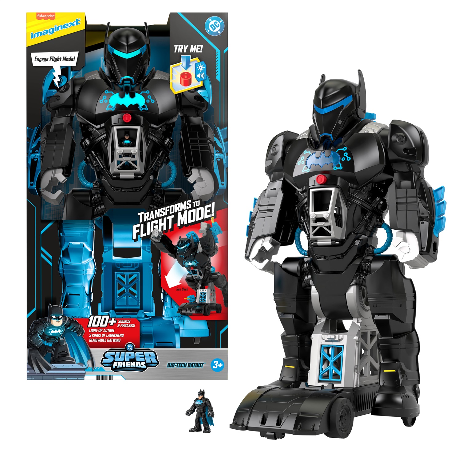 Fisher-Price HBV67 - Imaginext DC Super Friends Bat-Tech Batbot 2 in 1 con luci e suoni, robot trasformabile per bambini dai 3 anni in su