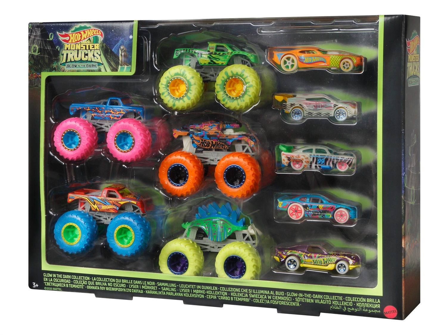 Hot Wheels - Monster Trucks Fluo Set con 10 Veicoli (5 Monster Trucks e 5 Macchinine in Scala 1:64) che si Illuminano al Buio, Giocattolo per Bambini 3 Anni, HCB57