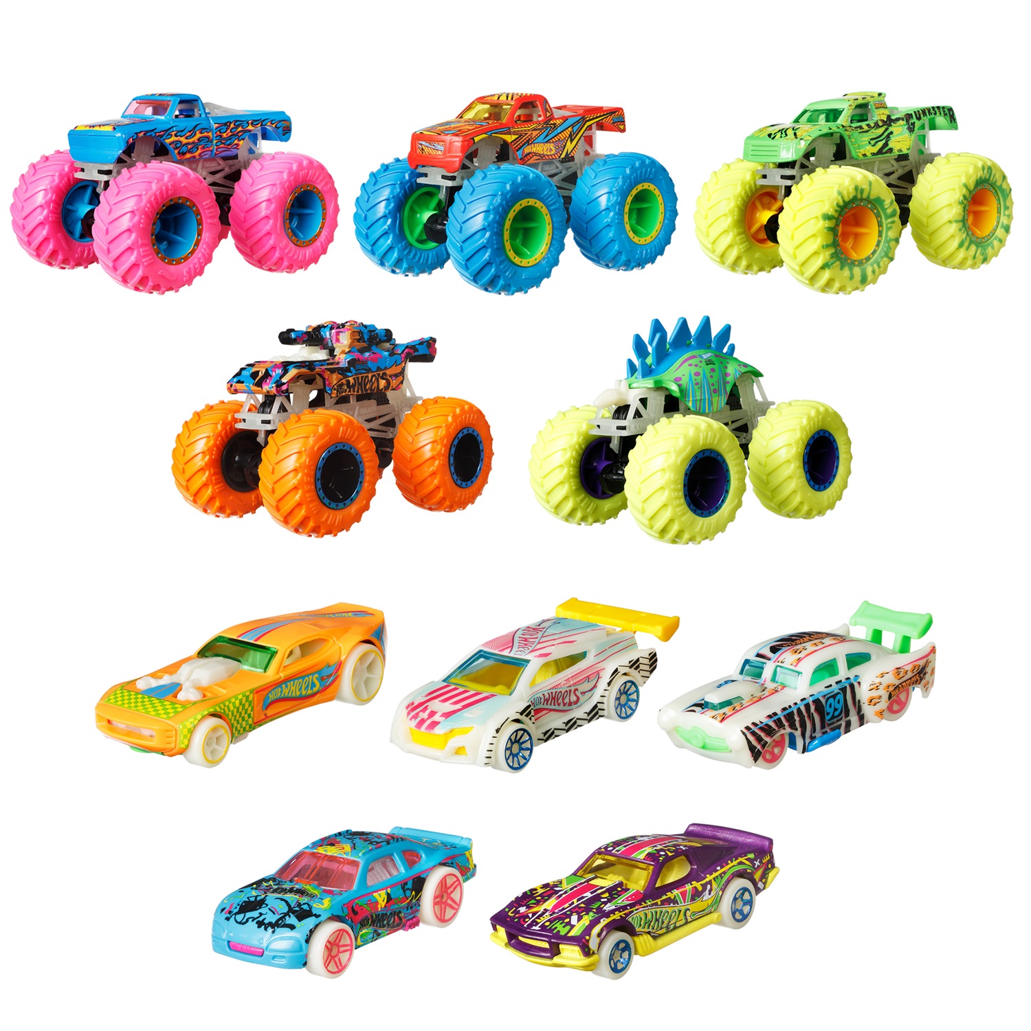 Hot Wheels - Monster Trucks Fluo Set con 10 Veicoli (5 Monster Trucks e 5 Macchinine in Scala 1:64) che si Illuminano al Buio, Giocattolo per Bambini 3 Anni, HCB57