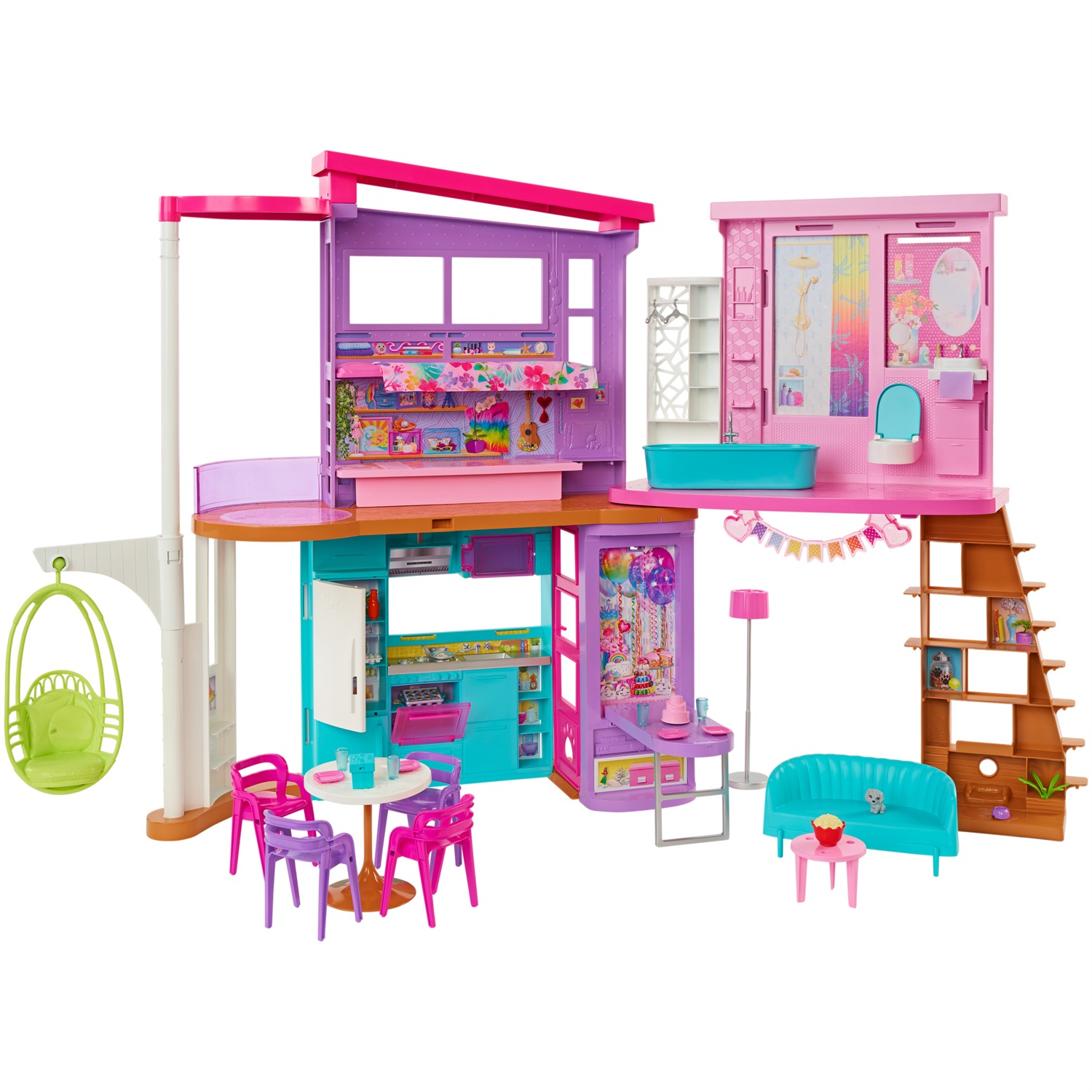 Mattel Barbie Casa di Malibu (106 cm) - Playset casa delle bambole con 2 piani, 6 stanze, ascensore, altalena e oltre 30 accessori, per bambini 3 anni