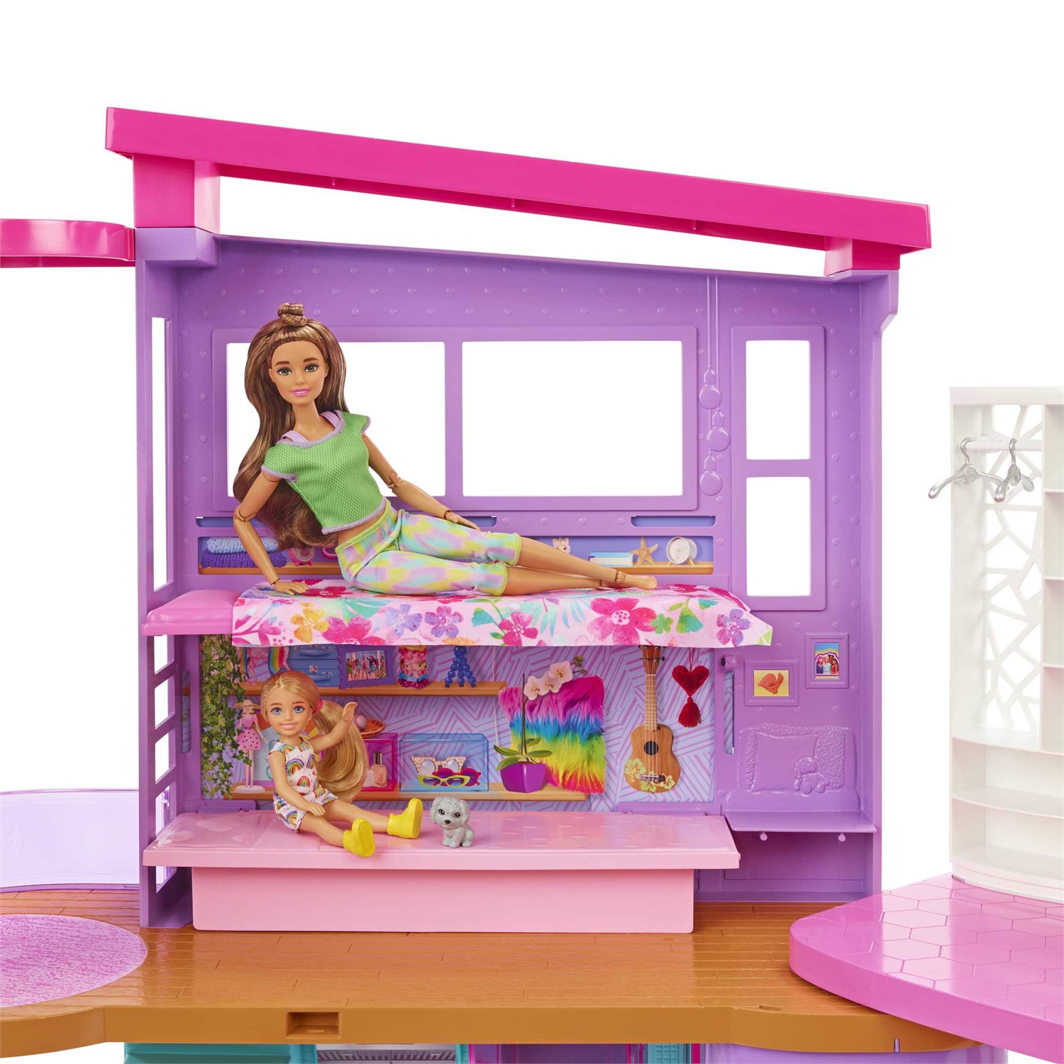 Mattel Barbie Casa di Malibu (106 cm) - Playset casa delle bambole con 2 piani, 6 stanze, ascensore, altalena e oltre 30 accessori, per bambini 3 anni
