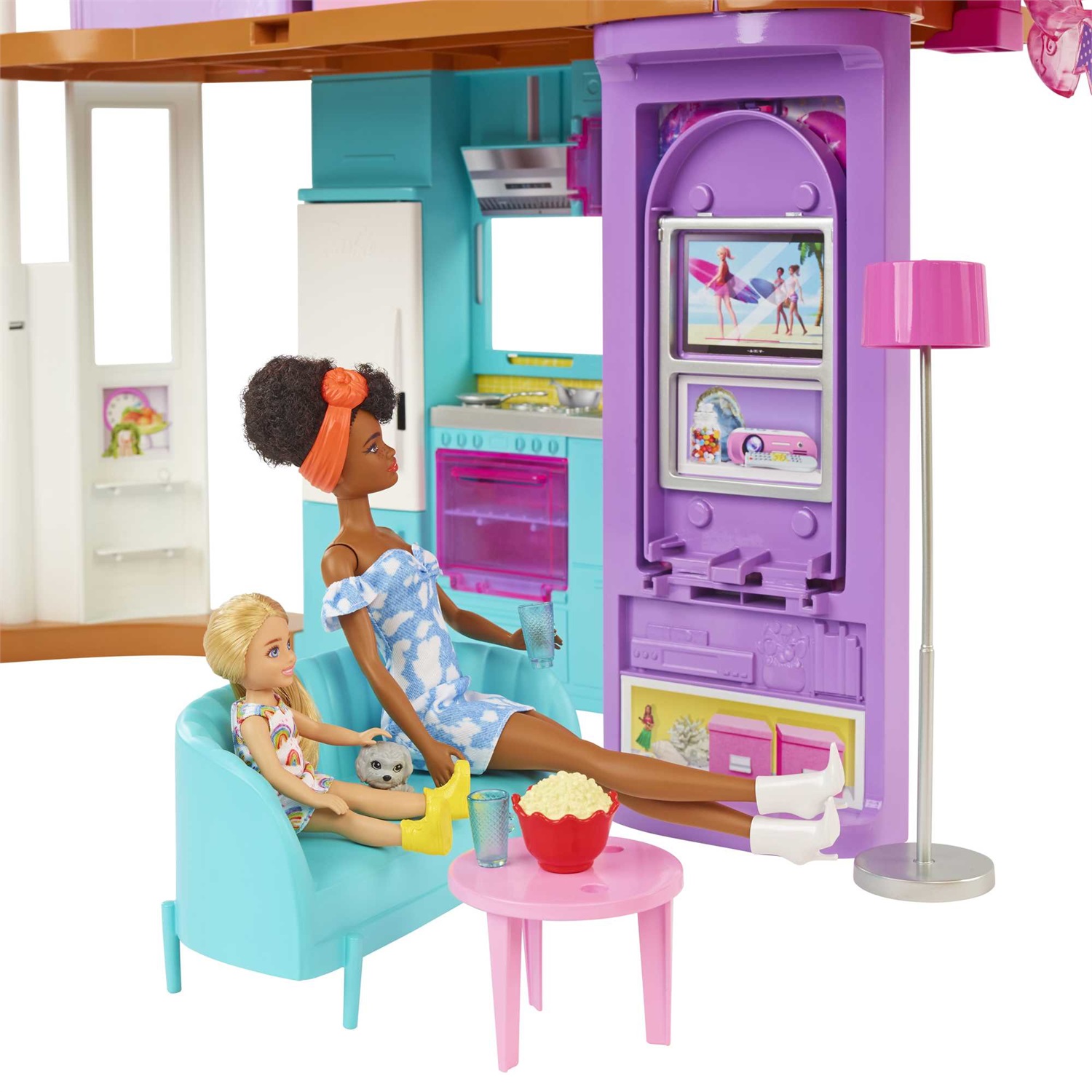 Mattel Barbie Casa di Malibu (106 cm) - Playset casa delle bambole con 2 piani, 6 stanze, ascensore, altalena e oltre 30 accessori, per bambini 3 anni