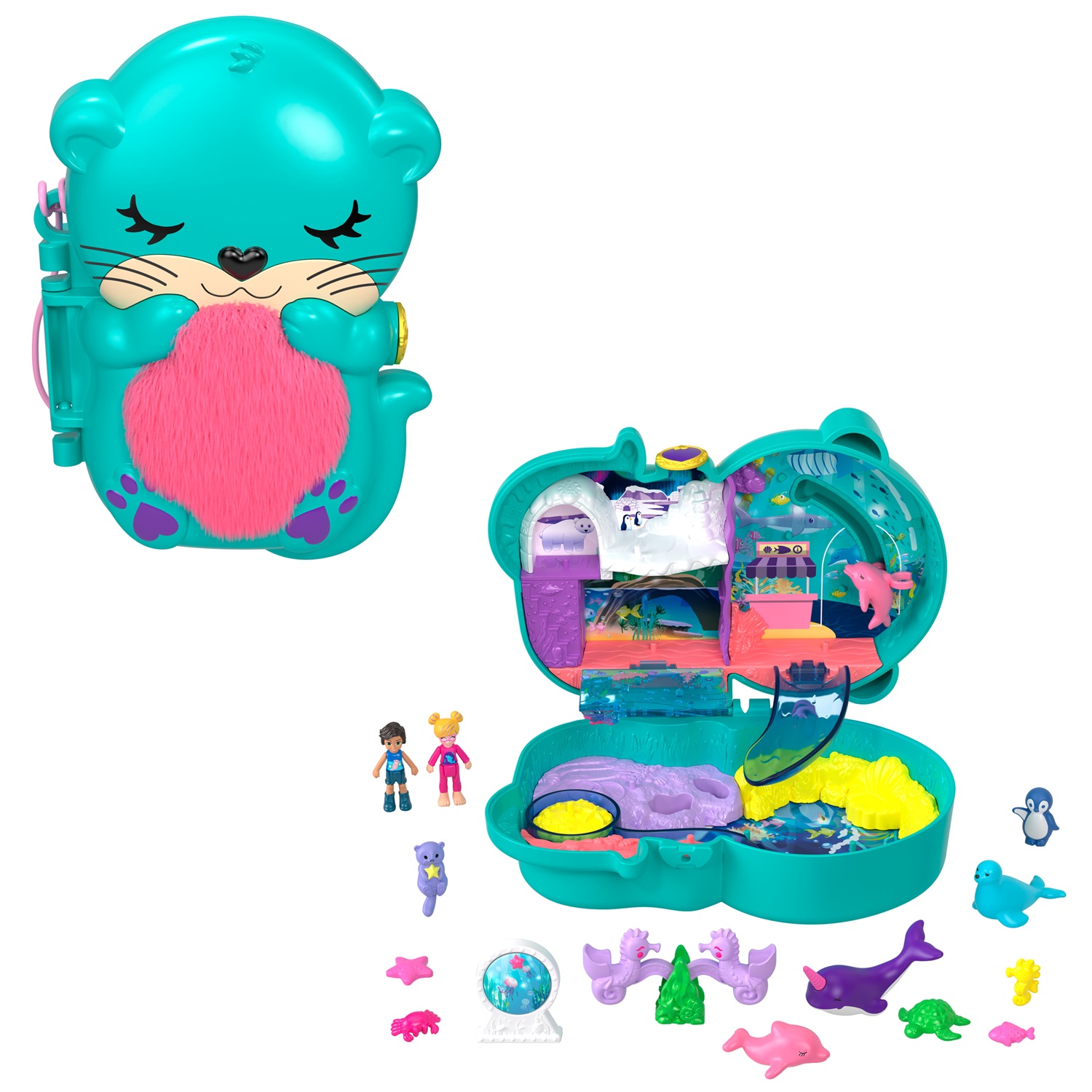 Polly Pocket HCG16 Cofanetto Amica Lontra con 2 Micro Bambole, 5 Sorprese e 12 Accessori, Giocattolo per Bambini 4 Anni