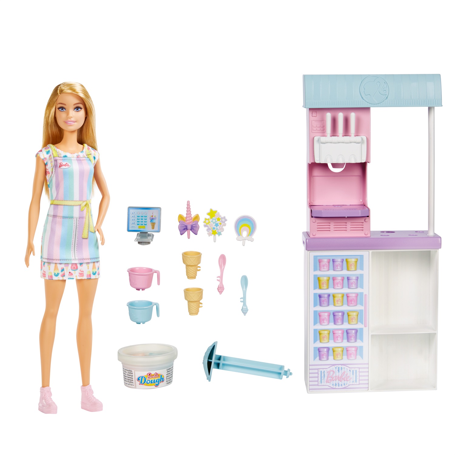 Barbie Playset Gelateria con Bambola, Macchina per Gelato, Accessori e 2 Tipi di Pasta Modellabile - Giocattolo per Bambini 4 Anni, HCN46