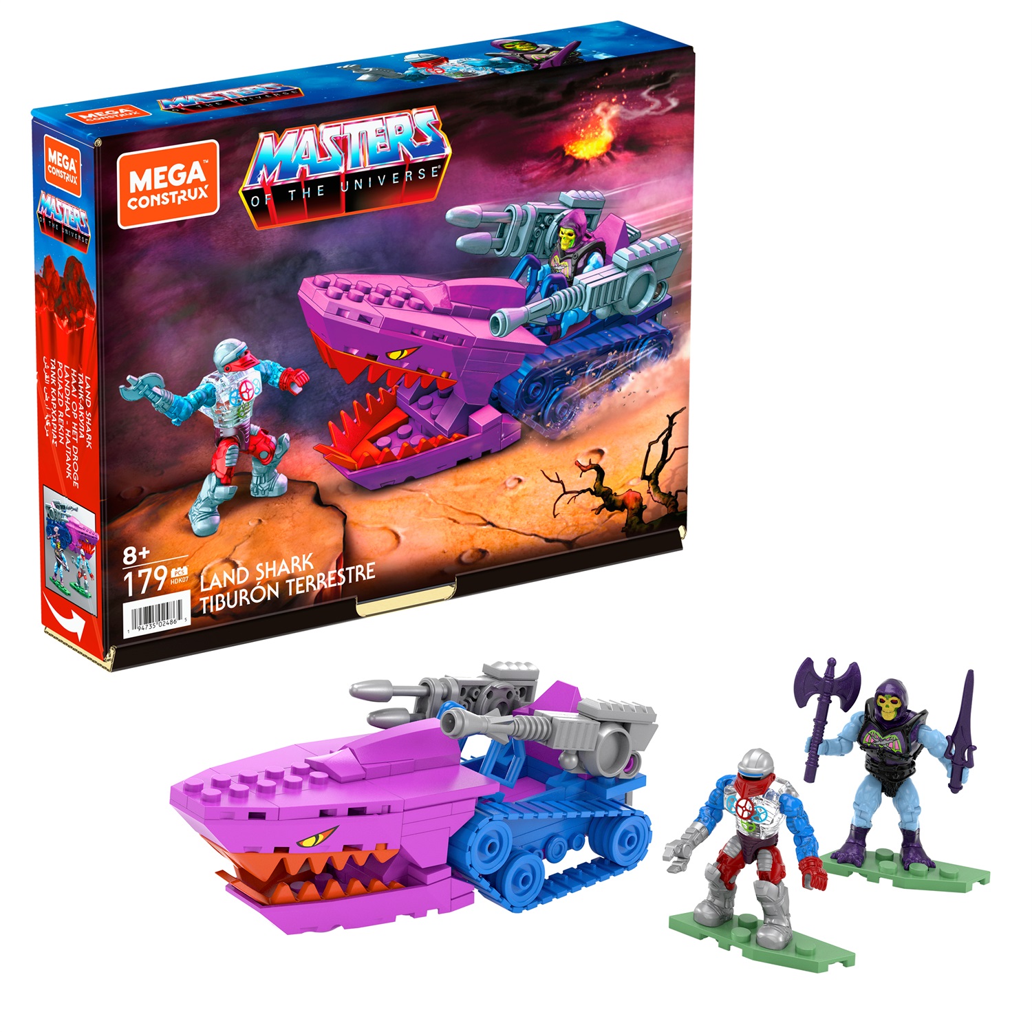 MEGA Construx HDK07 - Set da costruzione Masters of the Universe Land Shark con 179 pezzi e personaggi di Skeletor e Roboto, per bambini 8 anni