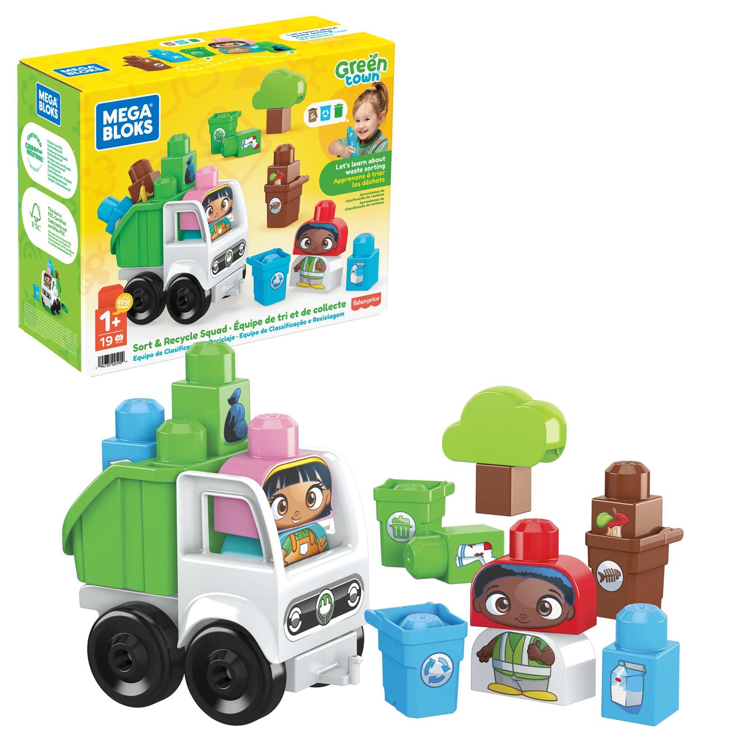 MEGA Bloks Green Town - Squadra Raccolta Differenziata Amici Bio, set da costruzione con 18 grandi blocchi e 2 personaggi, giocattolo per bambini 1 anni, HDL06